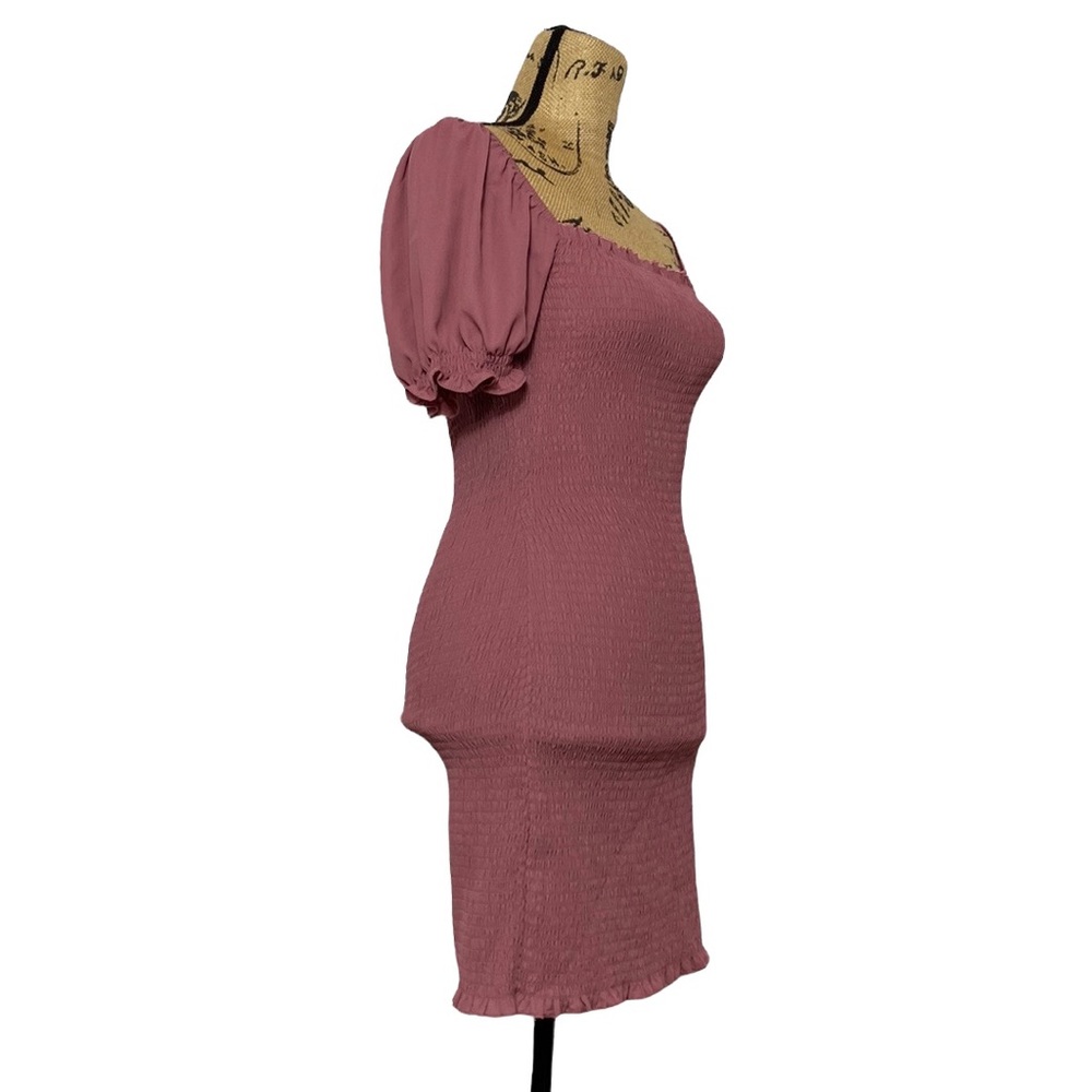 NWT Mauve Puff Sleeves Elastic Bodice Fitted Mini Dress S - Picture 5 of 10